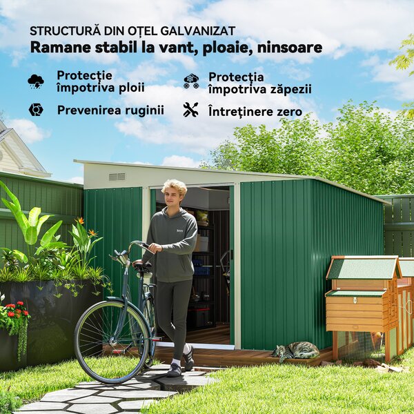 Outsunny Magazie de Gradina cu Ușa Glisantă si Orificii de Aerisire, din Oțel Galvanizat, 345x280,5x169-201cm, Verde | Aosom Romania