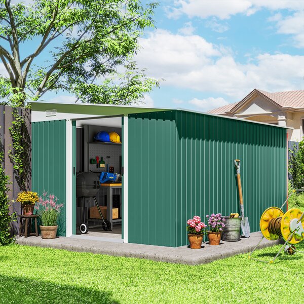 Outsunny Magazie de Gradina cu Ușa Glisantă si Orificii de Aerisire, din Oțel Galvanizat, 345x280,5x169-201cm, Verde | Aosom Romania