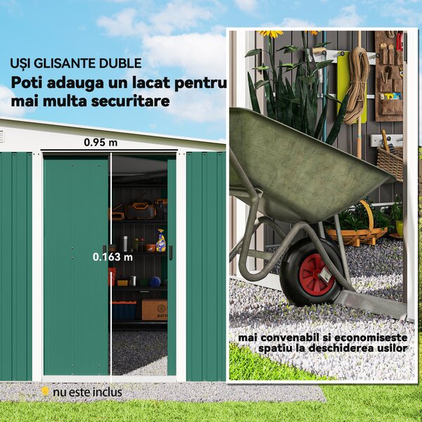 Outsunny Magazie de Gradina cu Ușa Glisantă si Orificii de Aerisire, din Oțel Galvanizat, 345x280,5x169-201cm, Verde | Aosom Romania