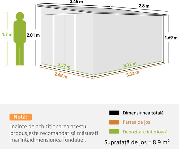 Outsunny Magazie de Gradina cu Ușa Glisantă si Orificii de Aerisire, din Oțel Galvanizat, 345x280,5x169-201cm, Verde | Aosom Romania