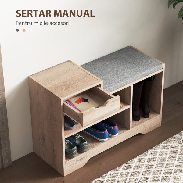 HOMCOM Bancă pentru Încălțăminte cu Pernă de Șezut, 76,5x30x52 cm, Gri | Aosom Romania