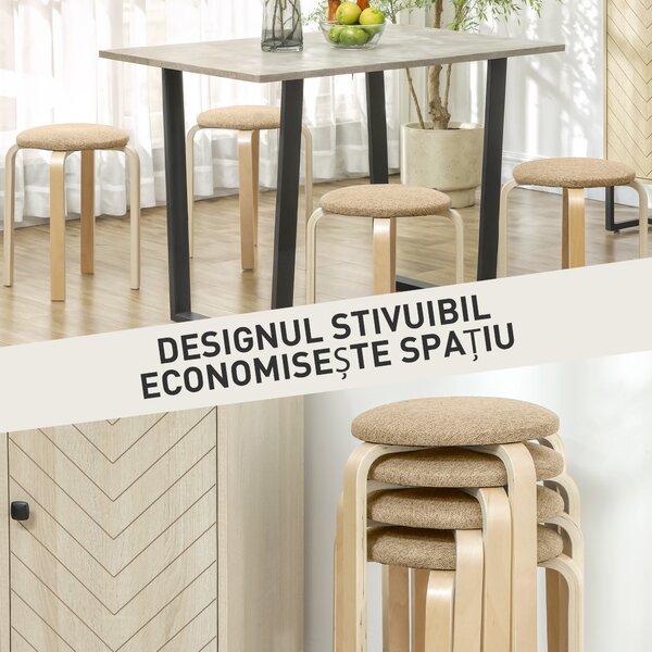 HOMCOM Set 4 Taburete Stivuibile și Căptușite cu Țesătură și Picioare din Lemn, Kaki | Aosom Romania