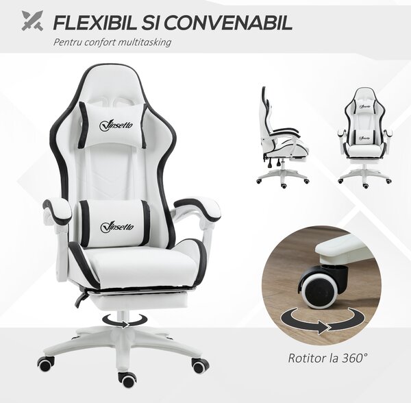 Vinsetto Scaun Gaming Reglabil pe Înălțime, Rabatabil și cu Suport pentru Picioare, Alb | Aosom Romania