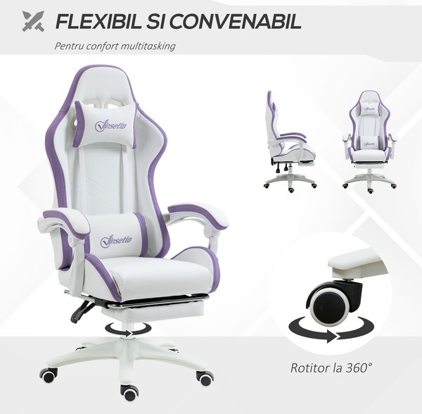 Vinsetto Scaun Gaming Reglabil pe Înălțime cu Tetieră, Alb și Mov | Aosom Romania