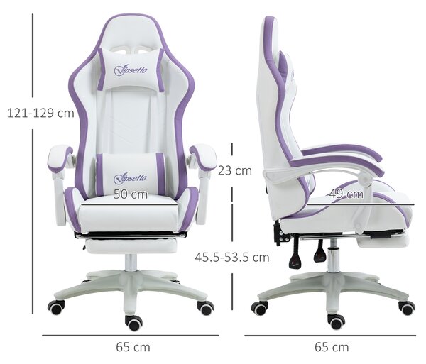 Vinsetto Scaun Gaming Reglabil pe Înălțime cu Tetieră, Alb și Mov | Aosom Romania
