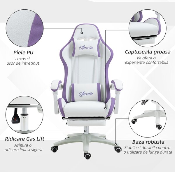 Vinsetto Scaun Gaming Reglabil pe Înălțime cu Tetieră, Alb și Mov | Aosom Romania