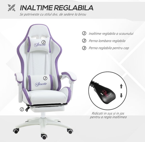 Vinsetto Scaun Gaming Reglabil pe Înălțime cu Tetieră, Alb și Mov | Aosom Romania