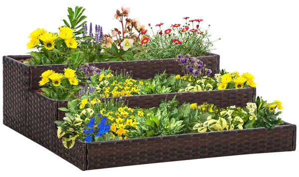 Pat de Gradina Inaltat Outsunny cu 3 Niveluri, Jardiniera din Ratan Sintetic, 120x120x40cm, Gri | Aosom Romania