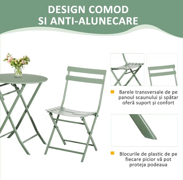 Outsunny Set de Gradina Pliabil de 3 Piese din Otel, 2 Scaune 42x50x81 cm si Masa de Gradina Ø60x71 cm, Verde