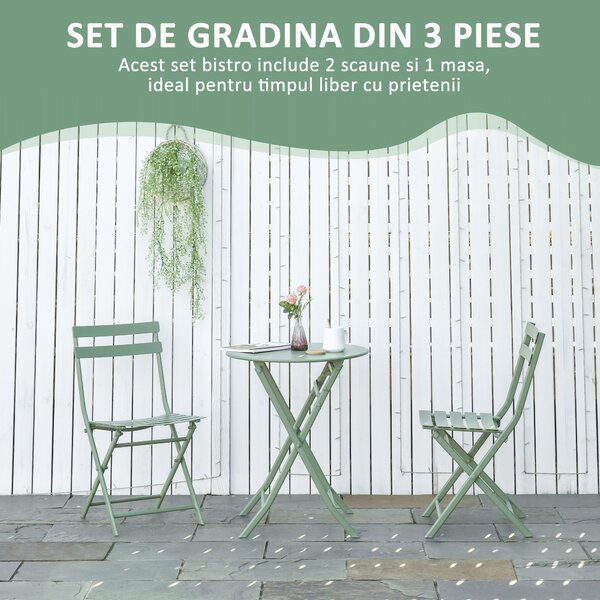 Outsunny Set de Gradina Pliabil de 3 Piese din Otel, 2 Scaune 42x50x81 cm si Masa de Gradina Ø60x71 cm, Verde