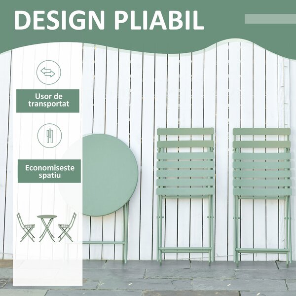 Outsunny Set de Gradina Pliabil de 3 Piese din Otel, 2 Scaune 42x50x81 cm si Masa de Gradina Ø60x71 cm, Verde