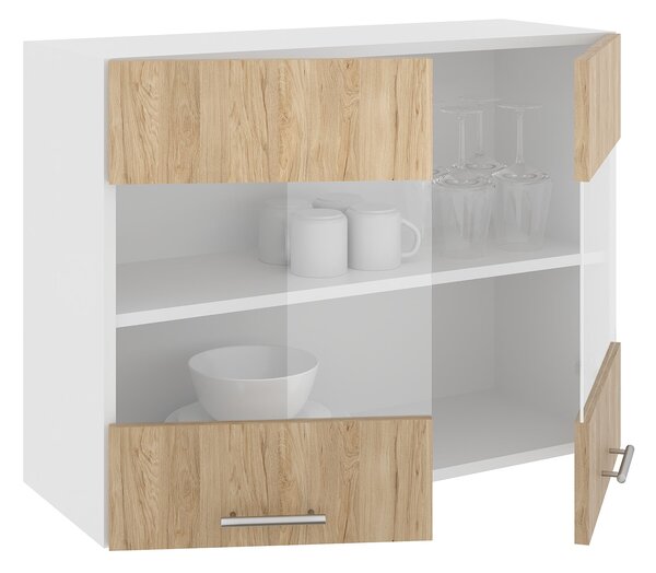 Corp haaus Karo, 2 Usi, cu sticla, Lemn Natural/Alb, 80 x 30 x 60 cm