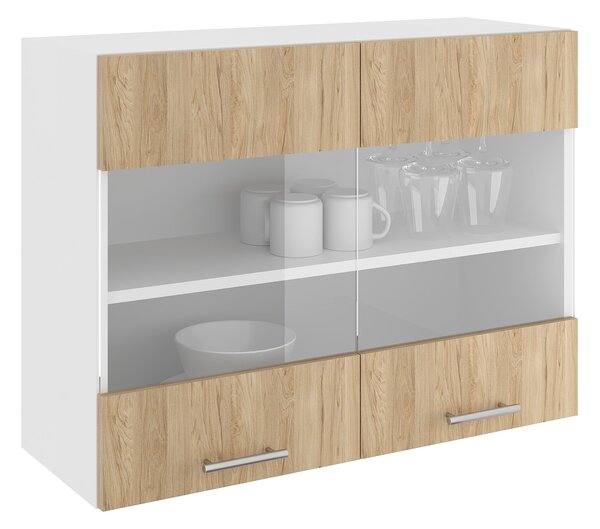 Corp haaus Karo, 2 Usi, cu sticla, Lemn Natural/Alb, 80 x 30 x 60 cm
