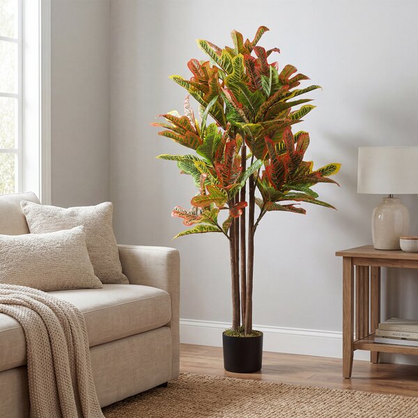 HOMCOM Plantă Artificială Croton cu 139 Frunze Modelabile și Ghiveci Alb din PP și Ciment, Plantă Falsă din PEVA și Lemn, 55x55x120 cm, Multicolor | Aosom Romania