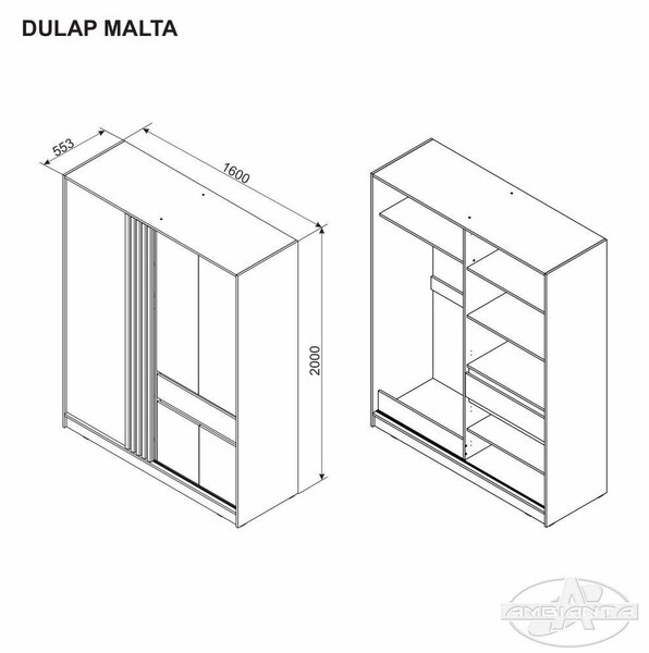 Dulap Malta, 1 usa culisanta + 4 usi balamale + 1 sertar, 160 x 55 x 200 cm, Nuc si Bej