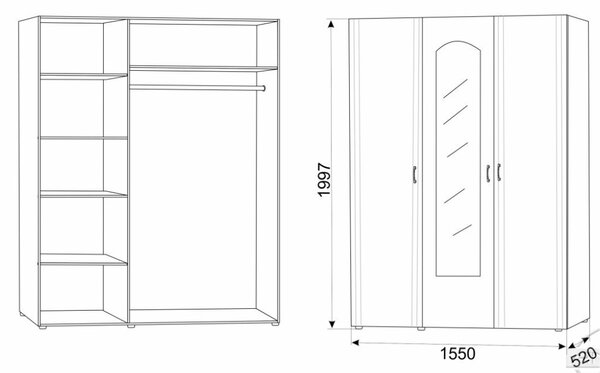 Dulap Inter Bej Bardolino, 3 usi, 155 x 52 x 200 cm