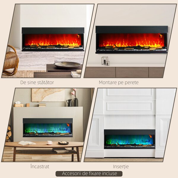 HOMCOM Șemineu Electric Încorporabil cu Efect de Flăcări 3D, Oprire Automată și Termostat, 127x26x50 cm, Negru | Aosom Romania