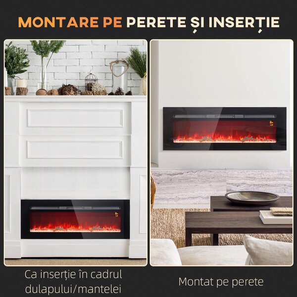 HOMCOM Șemineu Electric Încastrabil cu Telecomandă, Flacără Reglabilă, Temporizator și Termostat, 127x15,8x45 cm, Negru | Aosom Romania