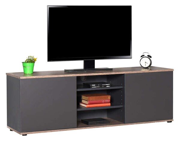 Comoda TV Adore Flat Line Max, 2 usi, 3 rafturi, Latte / Antracit, 140x48x35 cm