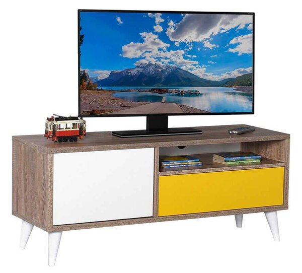 Comoda TV Adore Retro, cu usa si sertar, Latte/Galben/Alb, 120x50x40 cm