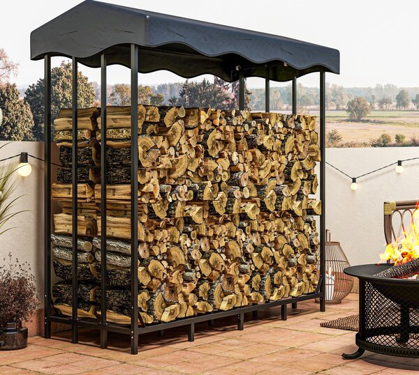 Outsunny Suport pentru Lemne de Exterior cu Acoperire, Suport Metalic Ranforsat pentru Lemne, 185x90x185 cm, Negru | Aosom Romania