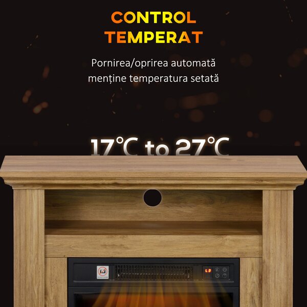 HOMCOM Șemineu Electric cu Efect de Flăcări 3D și Raft, Șemineu Electric cu Oprire Automată, 81,5x30x76,2 cm, Maro | Aosom Romania