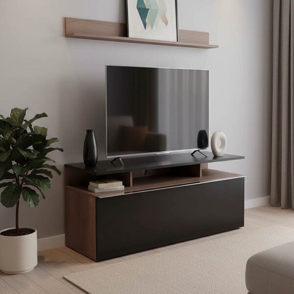 Comoda TV Temaro, nuanta negru lucios-nuc, 117 x 40 x 48 cm