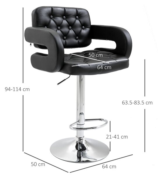 HOMCOM Scaun de Bar cu Spătar și Brațe, Scaun Modern de Bucătărie Rotativ cu Înălțime Reglabilă, 61x50x94-114 cm, Negru | Aosom Romania