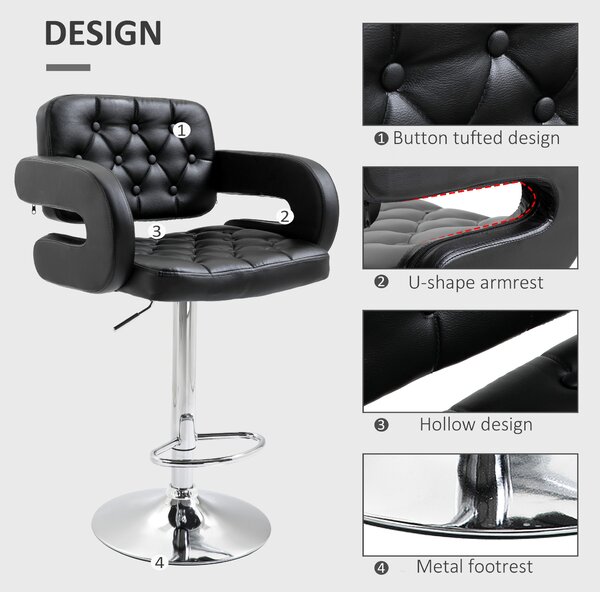 HOMCOM Scaun de Bar cu Spătar și Brațe, Scaun Modern de Bucătărie Rotativ cu Înălțime Reglabilă, 61x50x94-114 cm, Negru | Aosom Romania