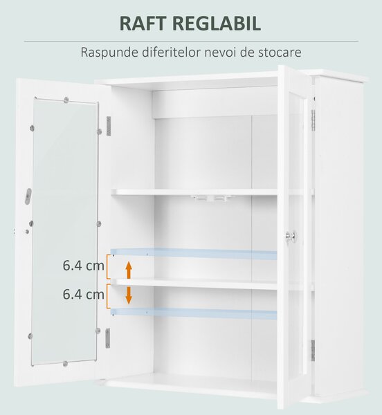 Kleankin Dulap de Baie Suspendat cu 2 Uși din Lemn și Sticlă, Dulap de Perete Multifuncțional, 55x20x65 cm, Alb | Aosom Romania