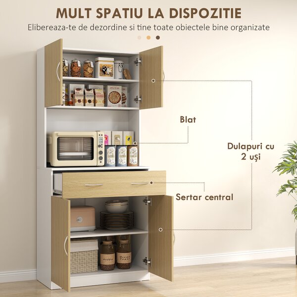 HOMCOM Dulap Înalt de Bucătărie cu 2 Uși, Sertar, Bufet Înalt din Lemn cu Rafturi Reglabile, 80x40x180 cm, Lemn Natural | Aosom Romania