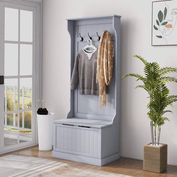 HOMCOM Cuier 3 în 1 cu 4 Cârlige, Bancă Depozitare și Cuier, Mobilier cu Spațiu de Depozitare, 71,5x39,5x170 cm, Gri | Aosom Romania