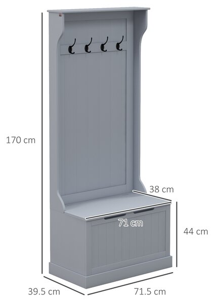 HOMCOM Cuier 3 în 1 cu 4 Cârlige, Bancă Depozitare și Cuier, Mobilier cu Spațiu de Depozitare, 71,5x39,5x170 cm, Gri | Aosom Romania