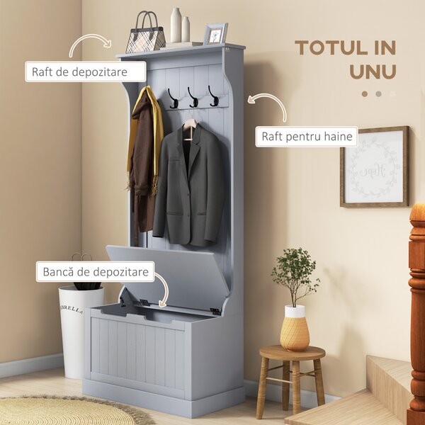 HOMCOM Cuier 3 în 1 cu 4 Cârlige, Bancă Depozitare și Cuier, Mobilier cu Spațiu de Depozitare, 71,5x39,5x170 cm, Gri | Aosom Romania