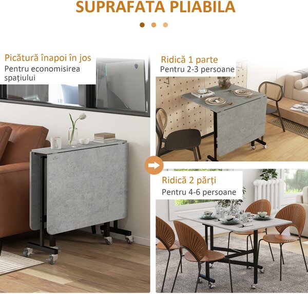 HOMCOM Masă Pliabilă pentru 4-6 Persoane, Masă de Bucătărie Modernă cu Spațiu Economic și 6 Roți, 120x80x73 cm, Gri | Aosom Romania