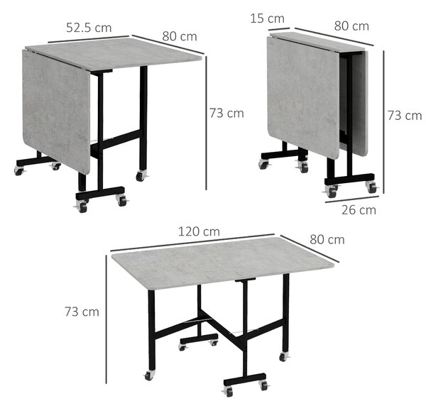 HOMCOM Masă Pliabilă pentru 4-6 Persoane, Masă de Bucătărie Modernă cu Spațiu Economic și 6 Roți, 120x80x73 cm, Gri | Aosom Romania