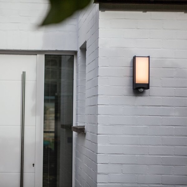LUTEC Lampă de perete exterioară cu senzor LED QUBO, gri închis, înălțime 27 cm, IP54, Gri, Aluminiu, Modern