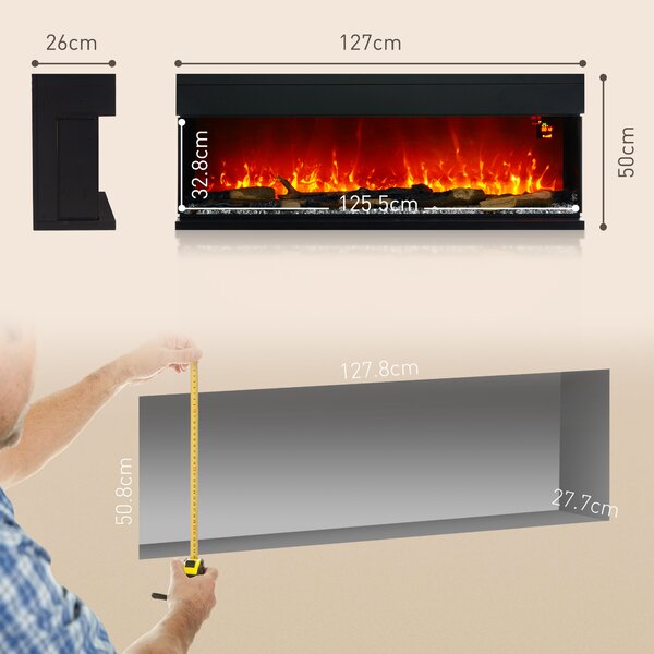 HOMCOM Șemineu Electric Încorporabil cu Efect de Flăcări 3D, Oprire Automată și Termostat, 127x26x50 cm, Negru | Aosom Romania