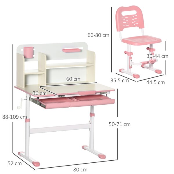 HOMCOM Set de Birou și Scaun pentru Copii de la 3 Ani Reglabil, Masă Inclinabilă 60° cu Sertar și Rafturi, Roz | Aosom Romania