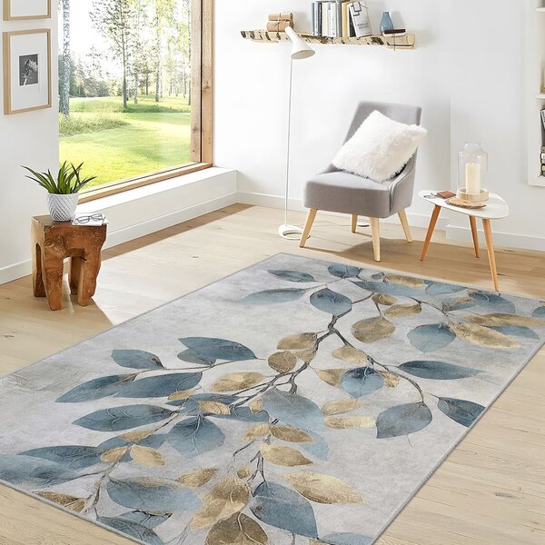 Covor albastru deschis/auriu lavabil 160x230 cm Golden Leaves – Mila Home