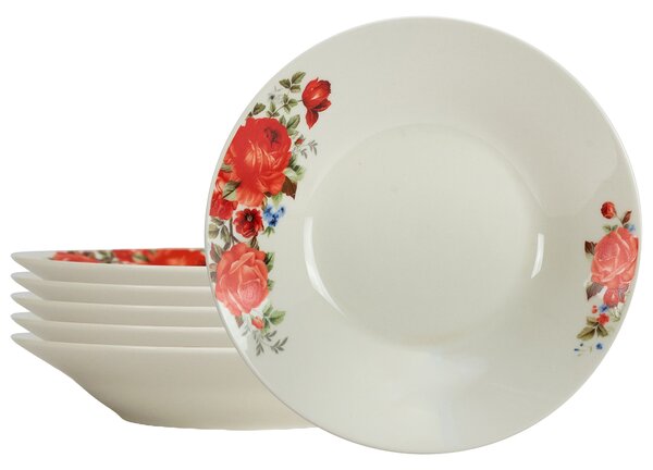 Set 6 farfurii adanci, 20 cm x 280 ml, pentru 6 persoane, Cesiro, Ivoire cu trandafir rosu