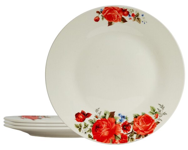 Set 4 farfurii intinse, 23 cm, pentru 4 persoane, Cesiro, Ivoire cu trandafir rosu