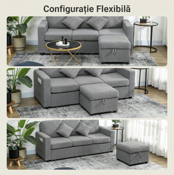 HOMCOM Divan 3 Locuri cu Pouf de Depozitare din Velur cu Nervuri 196x139x85 cm, Gri | Aosom Romania