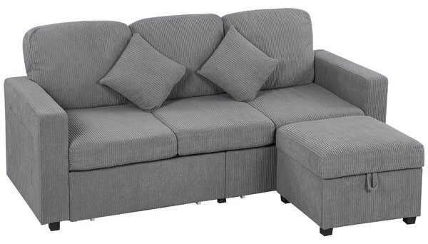HOMCOM Divan 3 Locuri cu Pouf de Depozitare din Velur cu Nervuri 196x139x85 cm, Gri | Aosom Romania