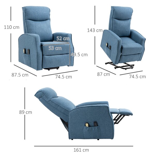 HOMCOM Fotoliu Recliner cu 8 Puncte de Masaj, Rabatabil la 135° cu Suport pentru Picioare, 74,5x87,5x110 cm, Albastru | Aosom Romania