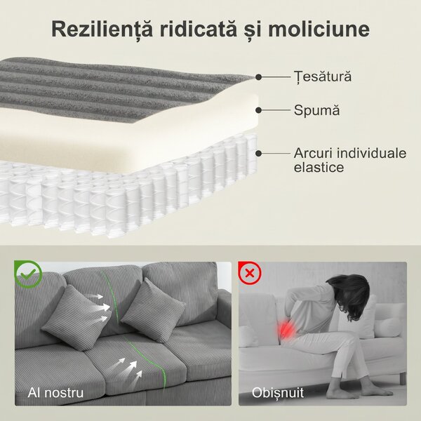 HOMCOM Divan 3 Locuri cu Pouf de Depozitare din Velur cu Nervuri 196x139x85 cm, Gri | Aosom Romania