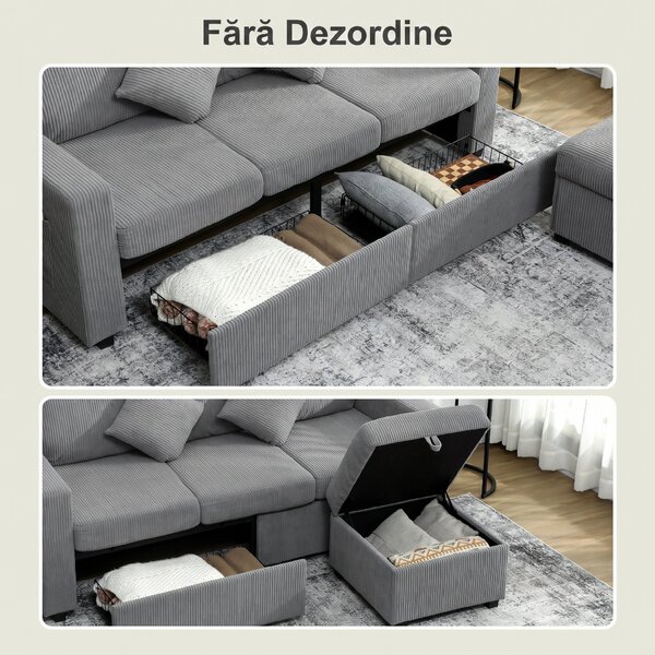 HOMCOM Divan 3 Locuri cu Pouf de Depozitare din Velur cu Nervuri 196x139x85 cm, Gri | Aosom Romania