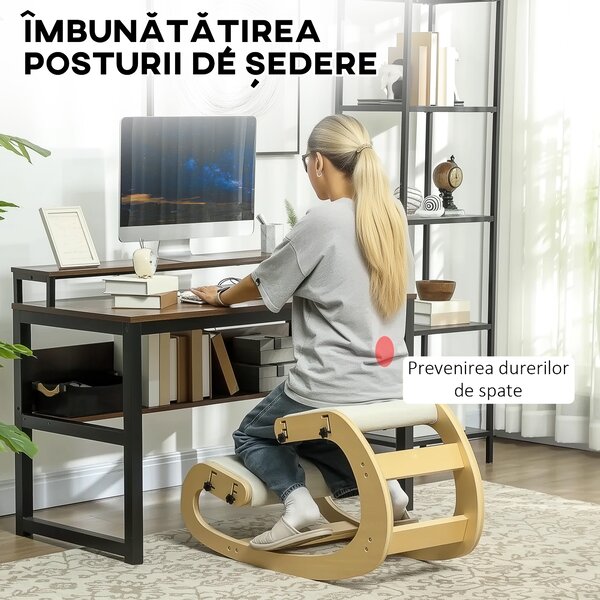 HOMCOM Scaun pentru genunchi reglabil în 6 poziții, din țesătură tip in și lemn de mesteacăn, 55x85x55 cm, crem | Aosom Romania