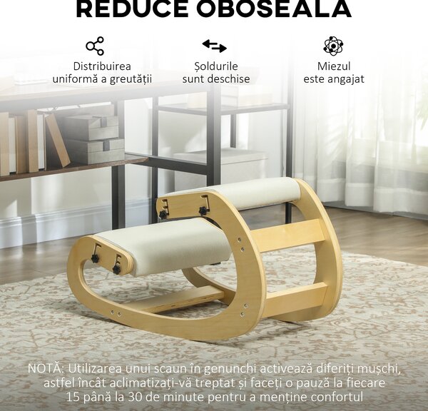 HOMCOM Scaun pentru genunchi reglabil în 6 poziții, din țesătură tip in și lemn de mesteacăn, 55x85x55 cm, crem | Aosom Romania