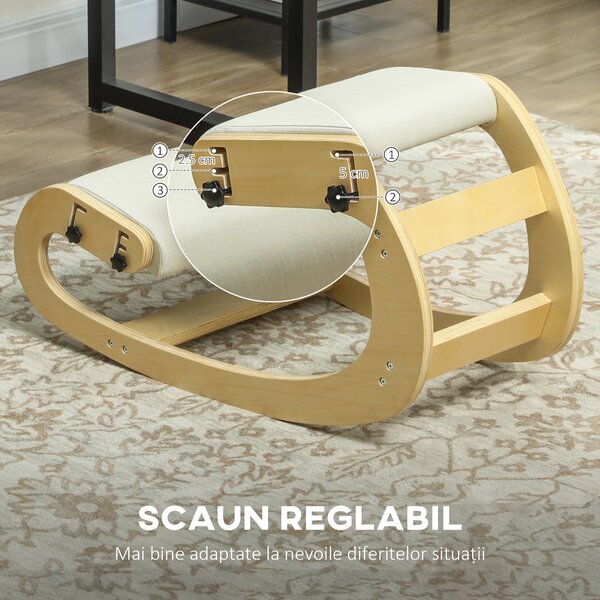 HOMCOM Scaun pentru genunchi reglabil în 6 poziții, din țesătură tip in și lemn de mesteacăn, 55x85x55 cm, crem | Aosom Romania